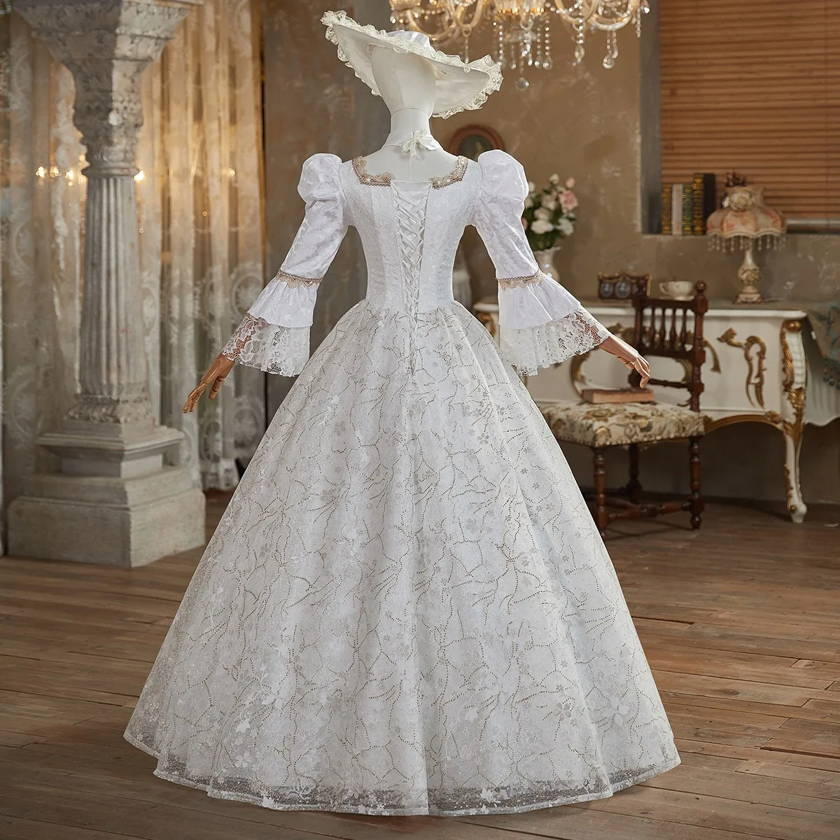 Ball Gown Vestidos Medievales Amazon Medieval White Beading Sequins Lace  Flower Prom Dresses 2024
