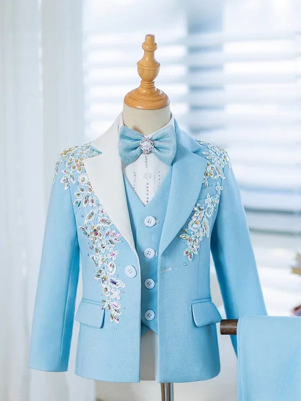 Fashion Sky Blue Rhinestone Long Sleeve 5-piece Boys Wedding Suits 2024 Coat Pants Shirt Tie Vest