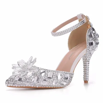 Glitter Zilveren Rhinestone Bruidsschoenen 2023 Enkelband 9 Cm Naaldhakken Stiletto Spitse Neus Huwelijk Sandalen Hoge Hakken