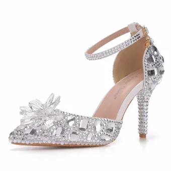 Charmig Silver Rhinestone Kristall Ankelband Brudskor 2024 9 Cm Stilettklackar Spetsiga Bröllop Högklackade