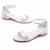 Modest / Simple Satin White Flat Wedding Shoes 2023 Ankle Strap Open / Peep Toe Wedding Sandals