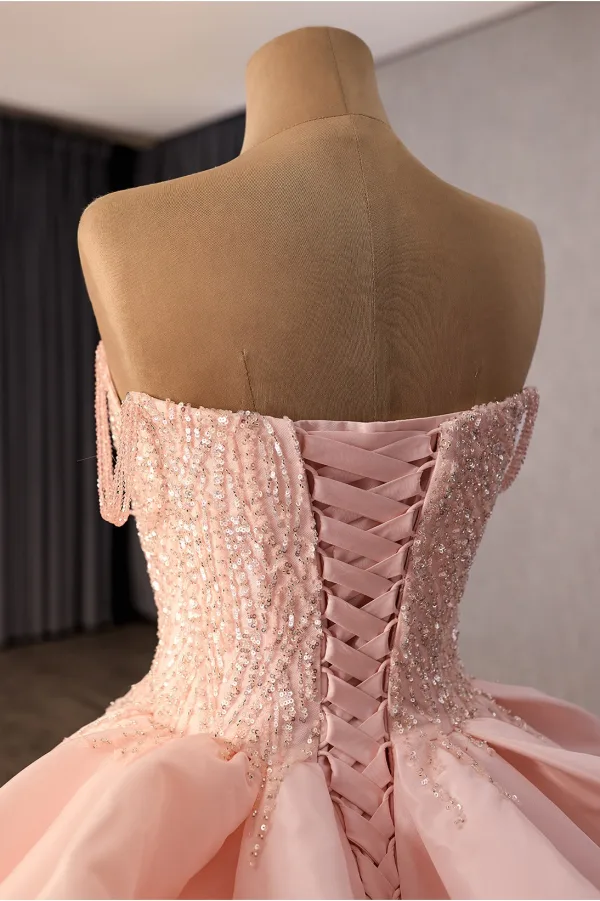 Luxury / Gorgeous Blushing Pink Handmade  Beading Sequins Cascading Ruffles Prom Dresses 2026 Ball Gown Strapless Sleeveless Backless Royal Train Formal Dresses