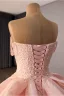 Luxury / Gorgeous Blushing Pink Handmade  Beading Sequins Cascading Ruffles Prom Dresses 2026 Ball Gown Strapless Sleeveless Backless Royal Train Formal Dresses