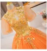 Elegant Orange Beading Sequins Prom Dresses 2024 Ball Gown High Neck Short Sleeve Backless Floor-Length / Long Prom Formal Dresses