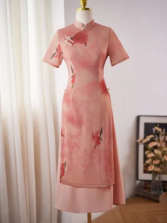 Chinese Style Blushing Pink Printing Split Front Cheongsam 2024 Trumpet Mermaid High Neck Short Sleeve Prom Floor Length Long
