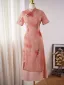 Chinese style Blushing Pink Printing Split Front Cheongsam 2024 Trumpet / Mermaid High Neck Short Sleeve Prom Floor-Length / Long