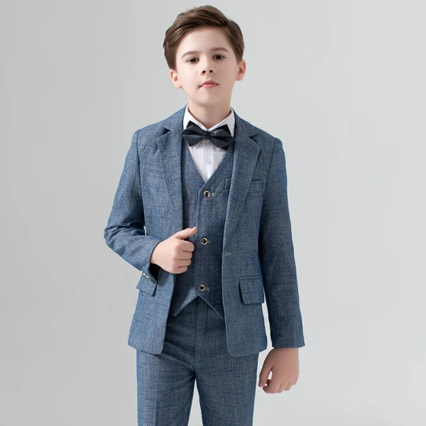 Moderne / Mode Océan Bleu Manches Longues Costume Garçon Mariage 2023 Manteau Pantalon Chemise Cravate Gilet Mariage