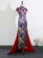 Chinesischer Stil Königliches Blau Satin Abend Sweep / Pinsel Zug Cheongsam 2025 Meerjungfrau Stehkragen Kurze Ärmel