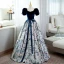 Elegant Navy Blue Floral Prom Dresses 2022 Ball Gown Square Neckline Bow Sash Short Sleeve Backless Floor-Length / Long Prom Formal Dresses