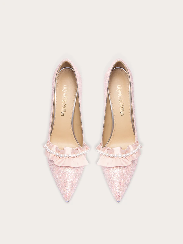 Charmant Perle Pailletten Leder Pink Brautschuhe 2024 10 cm Stilettos Spitzschuh Hochzeit Pumps Hochhackige