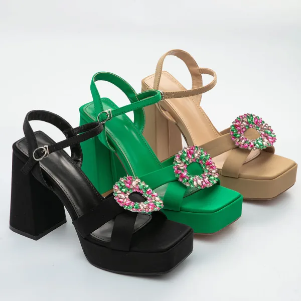 Roman Black Street Wear Rhinestone Womens Sandals 2022 10 cm Thick Heels Open / Peep Toe Sandals High Heels