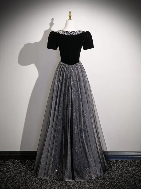Bling Bling Black Sequins Prom Dresses 2026 A-Line / Princess Scoop Neck Short Sleeve Floor-Length / Long Tulle Formal Dresses