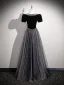 Bling Bling Black Sequins Prom Dresses 2026 A-Line / Princess Scoop Neck Short Sleeve Floor-Length / Long Tulle Formal Dresses