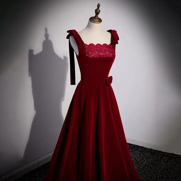 Chic / Beautiful Burgundy Suede Prom Dresses 2022 A-Line / Princess Square Neckline Sleeveless Backless Rhinestone Floor-Length / Long Prom Formal Dresses