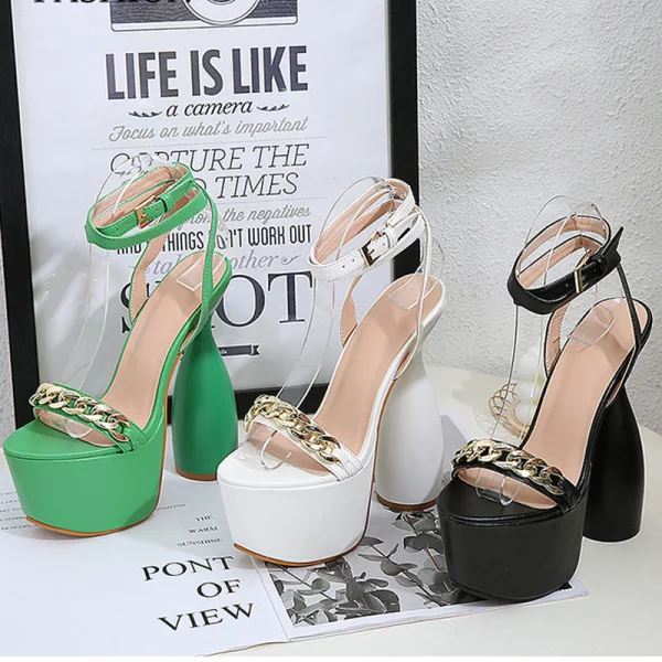 Fashion White Cocktail Party Womens Sandals 2023 Ankle Strap 17 cm Thick Heels Open / Peep Toe Sandals High Heels
