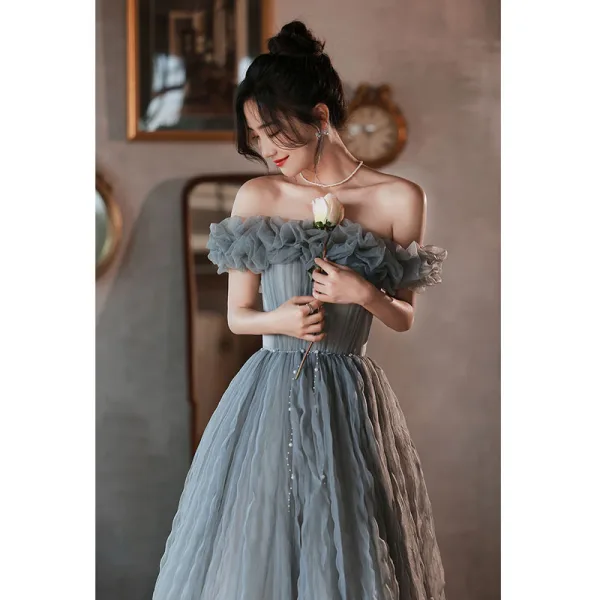 Chic / Belle Gris Volants Robe De Bal 2022 Princesse De l'épaule Manches Courtes Dos Nu Longue Promo Robe De Ceremonie