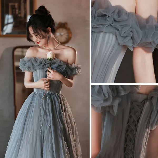 Chic / Belle Gris Volants Robe De Bal 2022 Princesse De l'épaule Manches Courtes Dos Nu Longue Promo Robe De Ceremonie