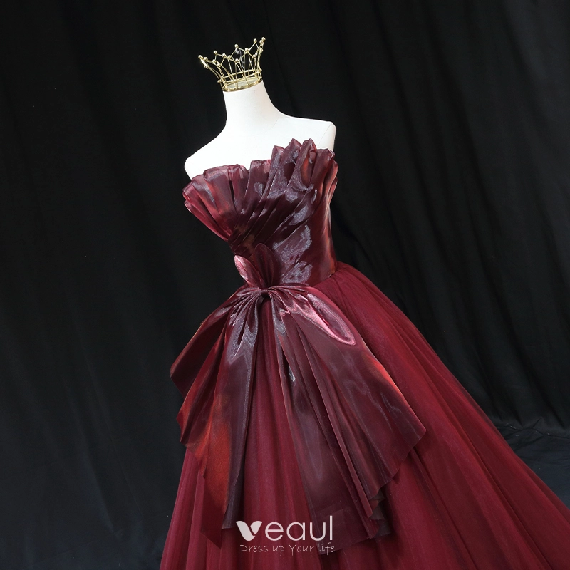 Evening Wear Cocktail Dress 80s Fashion High-end Burgundy Bow Prom Dresses  2023 Ball Gown Strapless Sleeveless Backless Floor-Length Long Prom Formal  Dresses