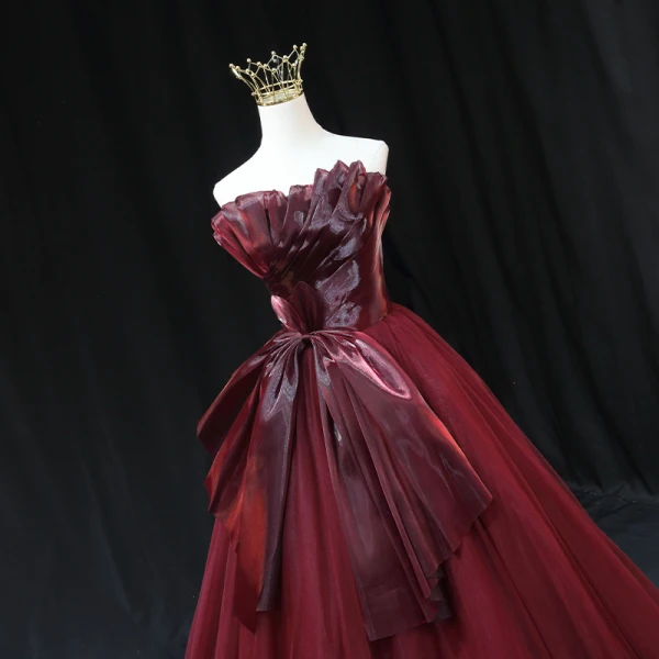 Mode Haut de Gamme Bordeaux Noeud Robe De Bal 2023 Robe Boule Bustier Sans Manches Dos Nu Longue Promo Robe De Ceremonie