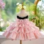 Chic / Beautiful Blushing Pink Pearl Cascading Ruffles Short Birthday Flower Girl Dresses 2024 Ball Gown Strapless Sleeveless Backless Flower Girl Dresses