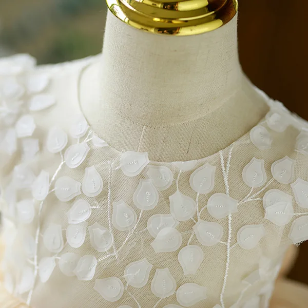 Chic / Beautiful Beige Appliques Birthday Flower Girl Dresses 2022 Ball Gown Scoop Neck Short Sleeve Bow Short Flower Girl Dresses