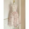 Modest / Simple White Printing Organza Prom Dresses 2023 A-Line / Princess Square Neckline Sleeveless Backless Short Prom Formal Dresses