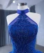 High-end Ocean Blue Handmade  Beading Pearl Sequins Lace Flower Chapel Train Prom Dresses 2024 Ball Gown Halter Sleeveless Backless Prom