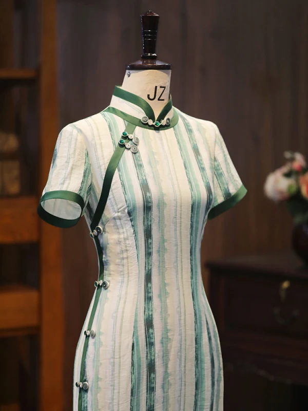 Vintage / Retro Dark Green Street Wear Tea-length Cheongsam 2024 Trumpet / Mermaid High Neck Short Sleeve