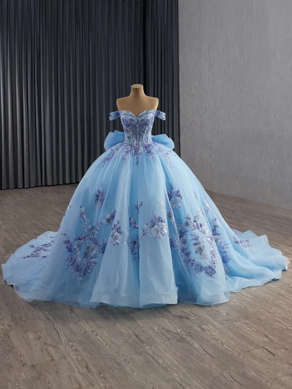 Luxury / Gorgeous Sky Blue Handmade  Beading Lace Flower Sequins Prom Dresses 2025 Ball Gown Off-The-Shoulder Short Sleeve Backless Bow Court Train