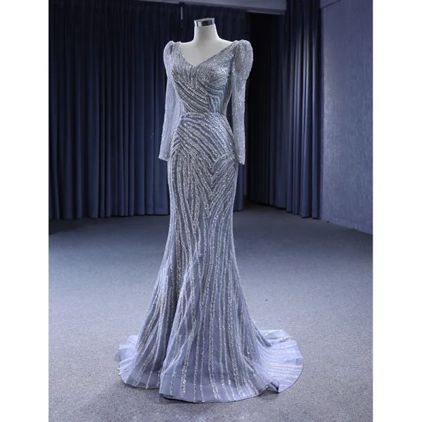 High-end Vintage / Retro Grey Beading Sequins Evening Dresses 2023 Trumpet / Mermaid V-Neck Long Sleeve Evening Party Court Train Formal Dresses