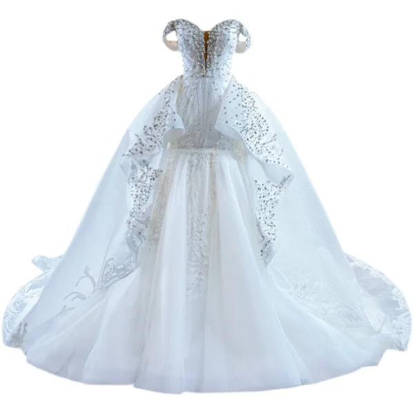 Luxe Blanche Fait main Perlage Faux Diamant Perle Paillettes Robe De Mariée 2022 Trompette / Sirène De l'épaule Manches Courtes Dos Nu Cathedral Train Mariage