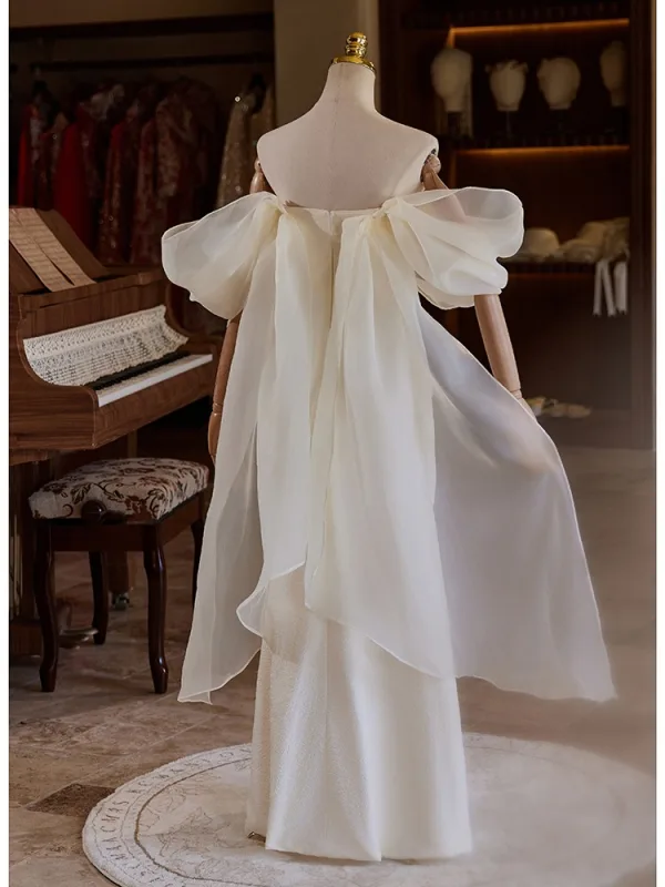 Fashion White Split Front Wedding Dresses 2024 A-Line / Princess Off-The-Shoulder Short Sleeve Backless Floor-Length / Long Wedding