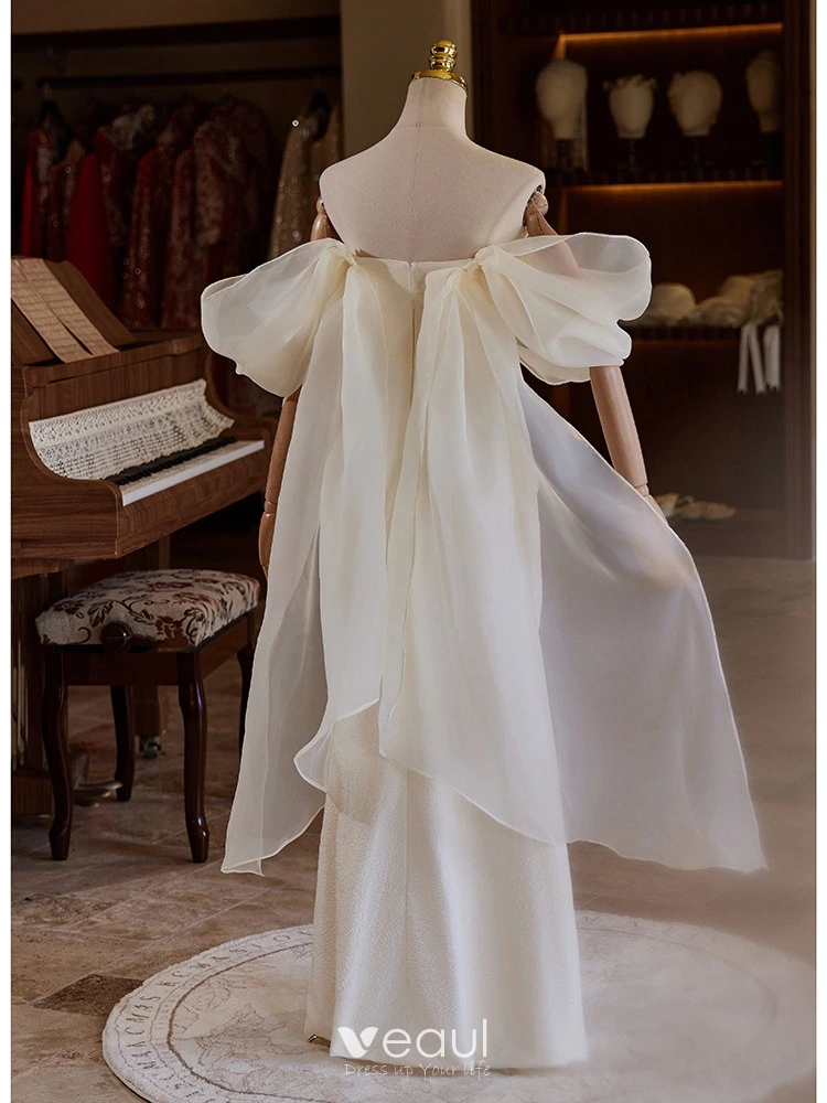Fashion White Split Front Wedding Dresses 2024 A Line Princess Off The  Shoulder Short Sleeve Backless Floor Length Long Wedding