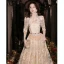 Chic / Beautiful Champagne Sequins Lace Flower Prom Dresses 2024 A-Line / Princess Scoop Neck 3/4 Sleeve Floor-Length / Long Prom Formal Dresses