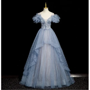 Bling Bling Bleu Ciel Perlage Faux Diamant Paillettes Robe De Bal 2023 Princesse Bretelles Spaghetti Volants Manches Courtes Dos Nu Longue Promo Robe De Ceremonie