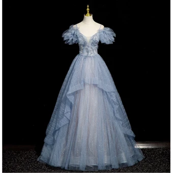 Bling Bling Bleu Ciel Perlage Faux Diamant Paillettes Robe De Bal 2023 Princesse Bretelles Spaghetti Volants Manches Courtes Dos Nu Longue Promo Robe De Ceremonie