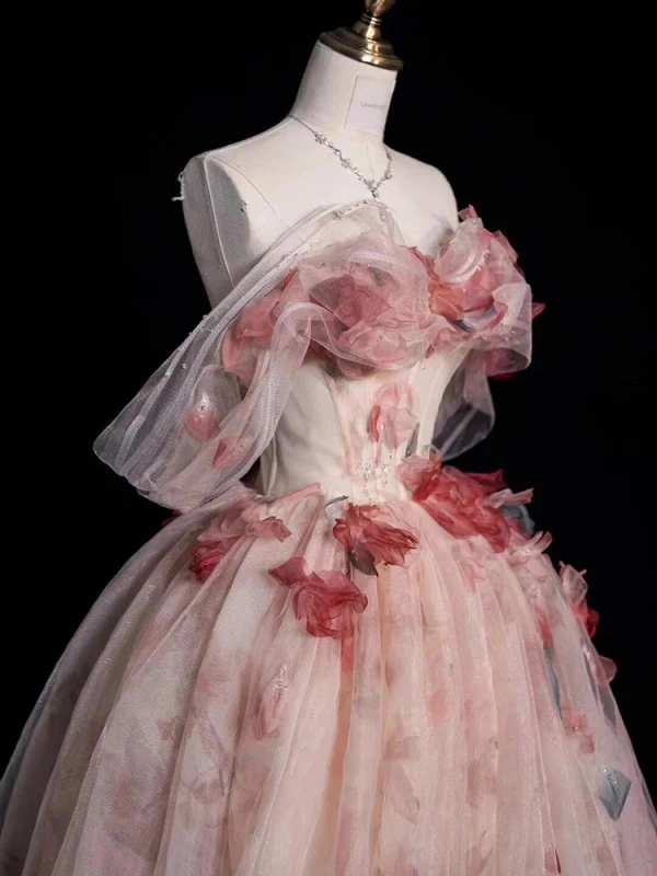 Flower Fairy Blushing Pink Appliques Prom Dresses 2024 Ball Gown Off-The-Shoulder Short Sleeve Backless Floor-Length / Long Prom Formal Dresses
