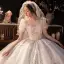 Atemberaubend Ivory / Creme Perlenstickerei Perle Strass Pailletten Spitze Blumen Brautkleider / Hochzeitskleider 2022 Ballkleid Eckiger Ausschnitt Kurze Ärmel Rückenfreies Schleife Kapelle-Schleppe Hochzeit