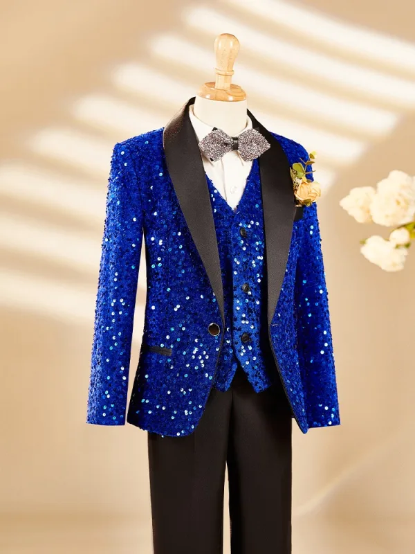 Sparkly Royal Blue Sequins Fall Winter Long Sleeve 6-piece Boys Wedding Suits 2025 Body Jewellery Coat Pants Shirt Tie Vest