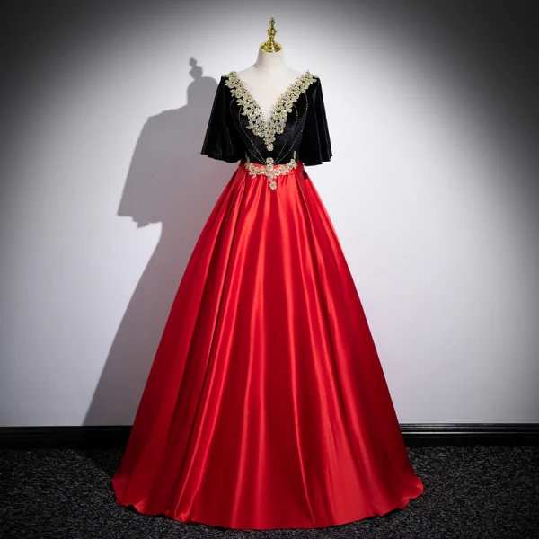 Ethnic Red Beading Lace Flower Satin Prom Dresses 2023 Ball Gown Scoop Neck Short Sleeve Backless Floor-Length / Long Formal Dresses