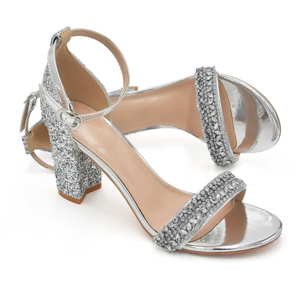 Seksowne Błyszczące Srebrny Rhinestone Cekiny Buty Ślubne 2023 8 cm Grubym Obcasie Z Paskiem Peep Toe Ślub Sandały Wysokie Obcasy