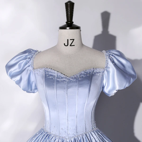 Elegant Sky Blue Pearl Satin Prom Dresses 2022 Ball Gown Square Neckline Puffy Short Sleeve Backless Bow Floor-Length / Long Formal Dresses