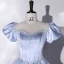Elegant Sky Blue Pearl Satin Prom Dresses 2022 Ball Gown Square Neckline Puffy Short Sleeve Backless Bow Floor-Length / Long Formal Dresses