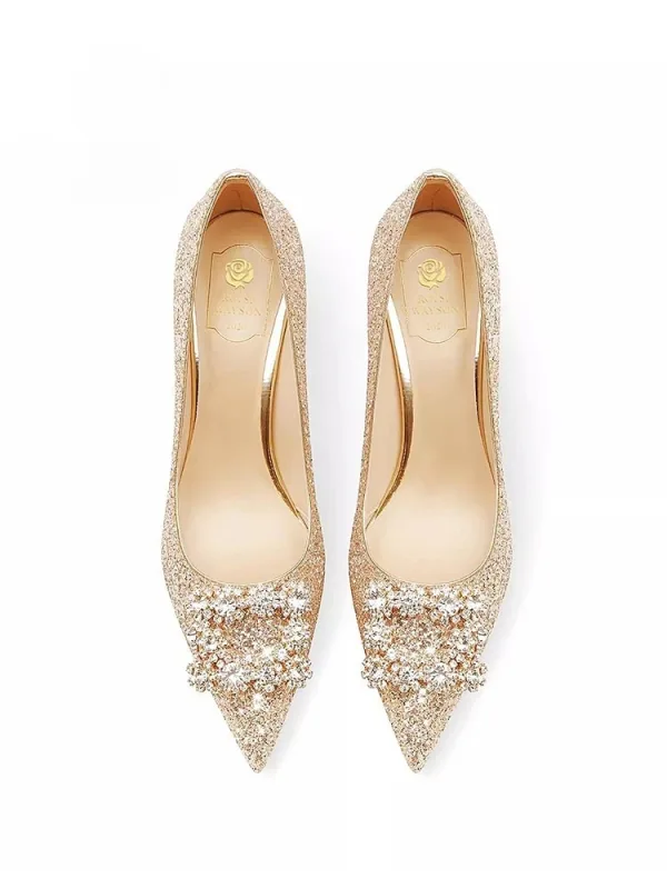 Sparkly Gold Sequins Rhinestone Leather Wedding Shoes 2026 6 cm Stiletto Heels Pointed Toe Pumps High Heels