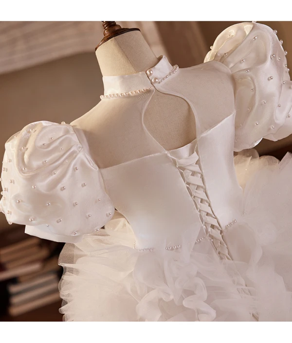 Elegant White Pearl Cascading Ruffles Wedding Flower Girl Dresses 2024 Ball Gown High Neck Puffy Short Sleeve Backless Sweep Train
