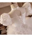 Elegant White Pearl Cascading Ruffles Wedding Flower Girl Dresses 2024 Ball Gown High Neck Puffy Short Sleeve Backless Sweep Train