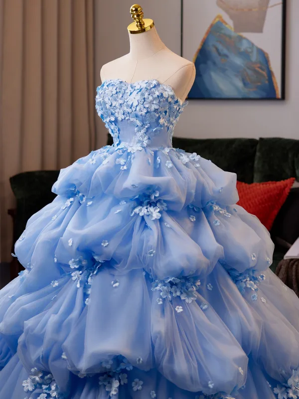Charming Sky Blue Pearl Appliques Cascading Ruffles Prom Dresses 2025 Ball Gown Strapless Sleeveless Backless Sweep Train Formal Dresses