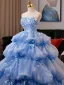 Charming Sky Blue Pearl Appliques Cascading Ruffles Prom Dresses 2025 Ball Gown Strapless Sleeveless Backless Sweep Train Formal Dresses