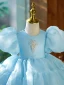 Chic / Beautiful Sky Blue Birthday Pearl Short Flower Girl Dresses 2023 Ball Gown Scoop Neck Puffy Short Sleeve Bow