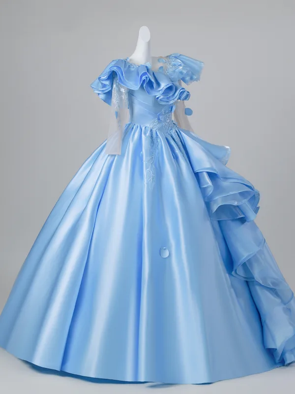 Elegante Himmelblau Perlenstickerei Pailletten Spitze Blumen Ballkleider 2026 Ballkleid Rundhalsausschnitt 3/4 Ärmel Rückenfreies Lange Festliche Kleider